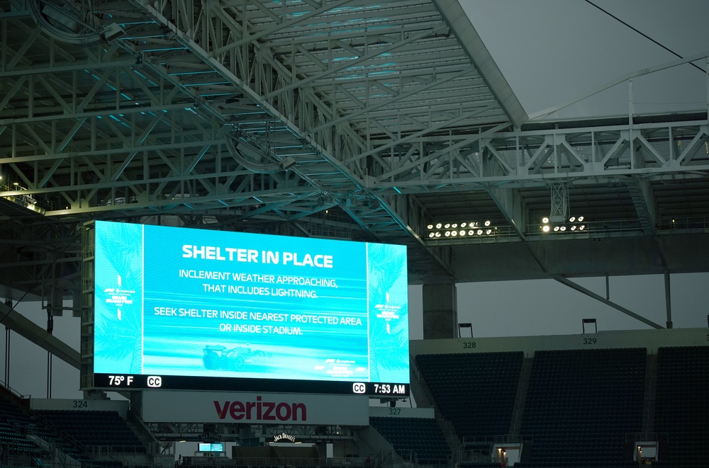 A shelter warning on the big screen at Hard Rock Stadium (Bradley Collyer/PA) (PA Wire)