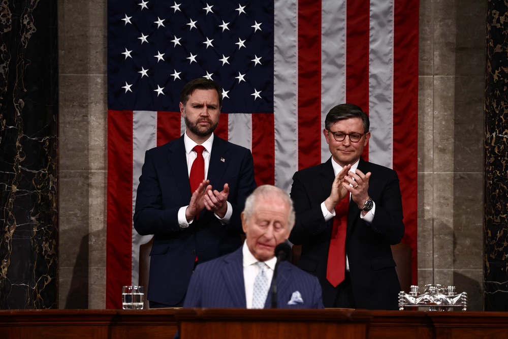 US Vice President JD Vance and House Speaker Mike Johnson applaud as the King addresses members of the US House of Representatives and the US Senate during a joint meeting of Congress (Henry Nicholls/PA) (PA Wire)