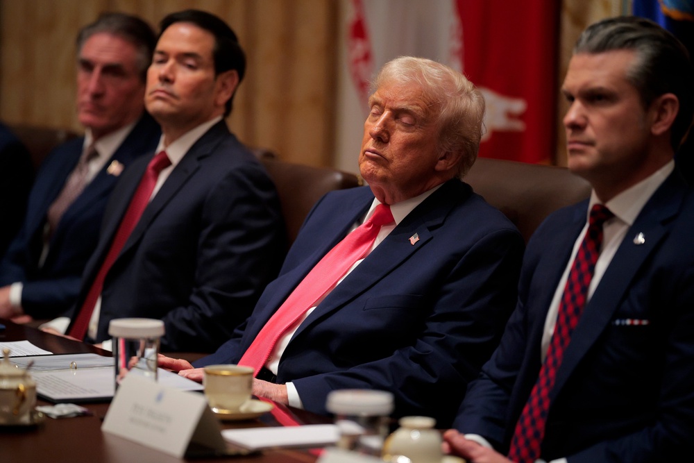 Trump’s frequent posts overnight on social media comes as he’s been spotted with his eyes closed at meetings (Getty Images)