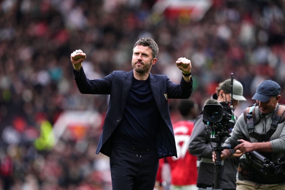 Manchester United manager Michael Carrick celebrates Sunday’s win over Liverpool (PA) (PA Wire)