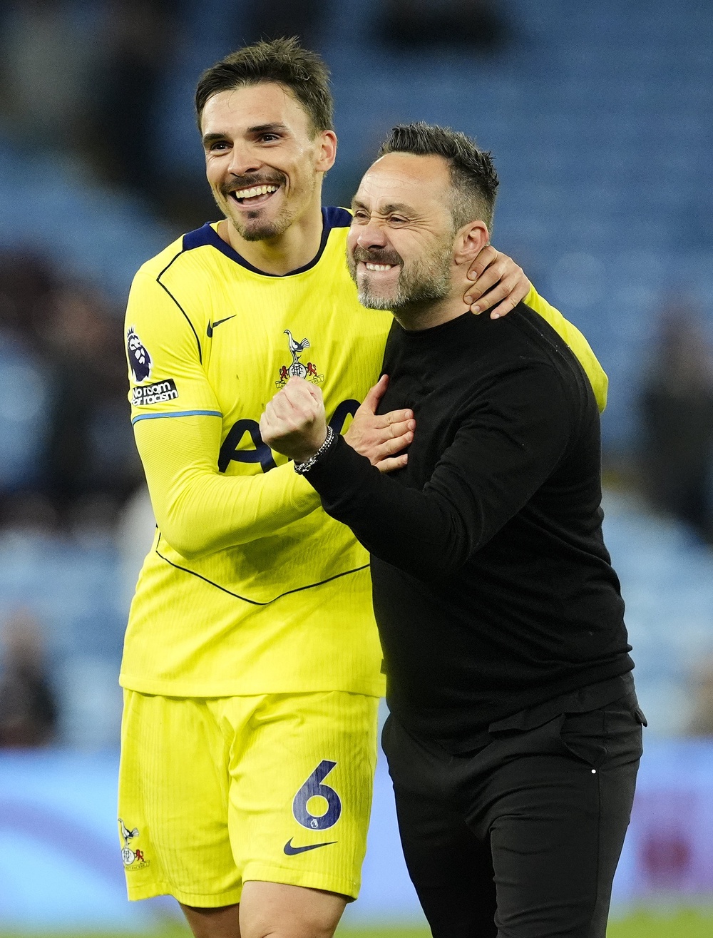 Roberto de Zerbi, right, celebrates the win at Aston Villa with Joao Palhinha (PA) (PA Wire)