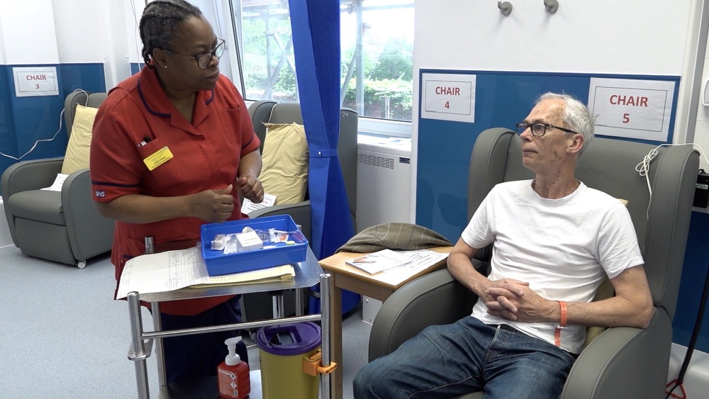 Stephen Friend received a one-minute injection for melanoma at the Mount Vernon Cancer Centre in Hertfordshire (Shivansh Gupta/PA)