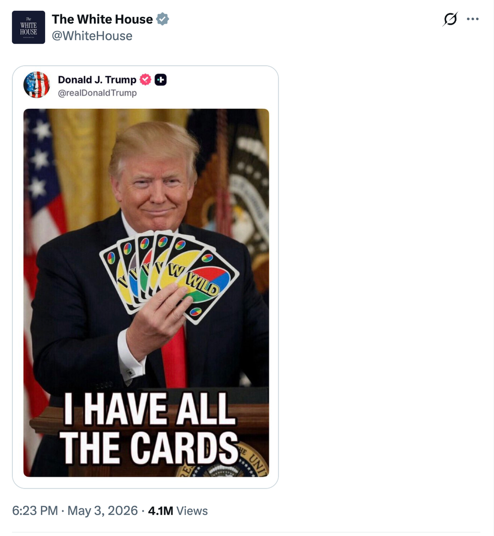 Internet trolls had a blast making fun of President Donald Trump after he shared a meme of himself holding Uno cards captioned “I have all the cards.” (@realDonaldTrump/Truth Social)