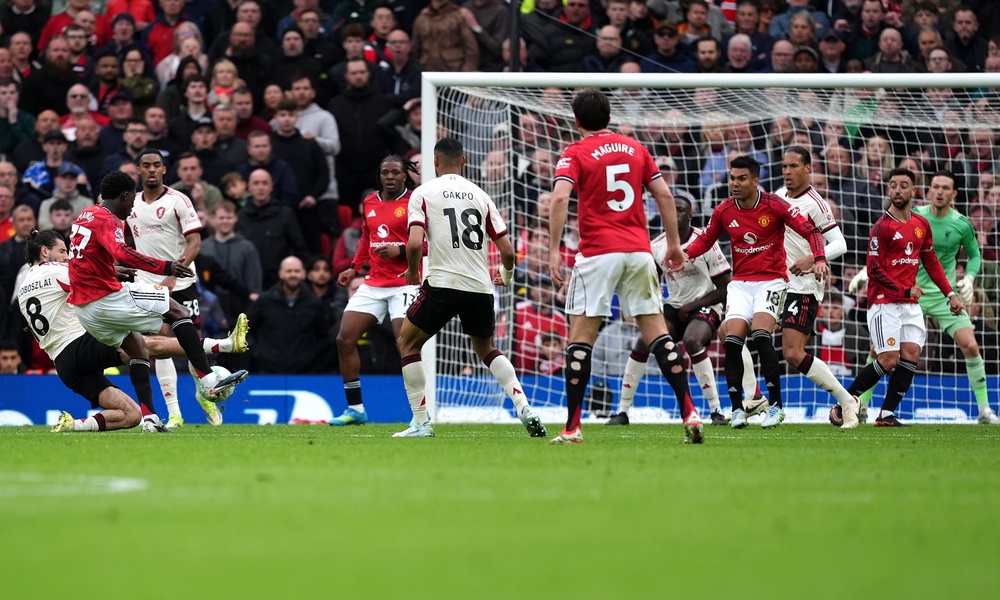 Kobbie Mainoo (second from left) scores the winner in Manchester United’s 3-2 victory over Liverpool (Martin Rickett/PA). (PA Wire)