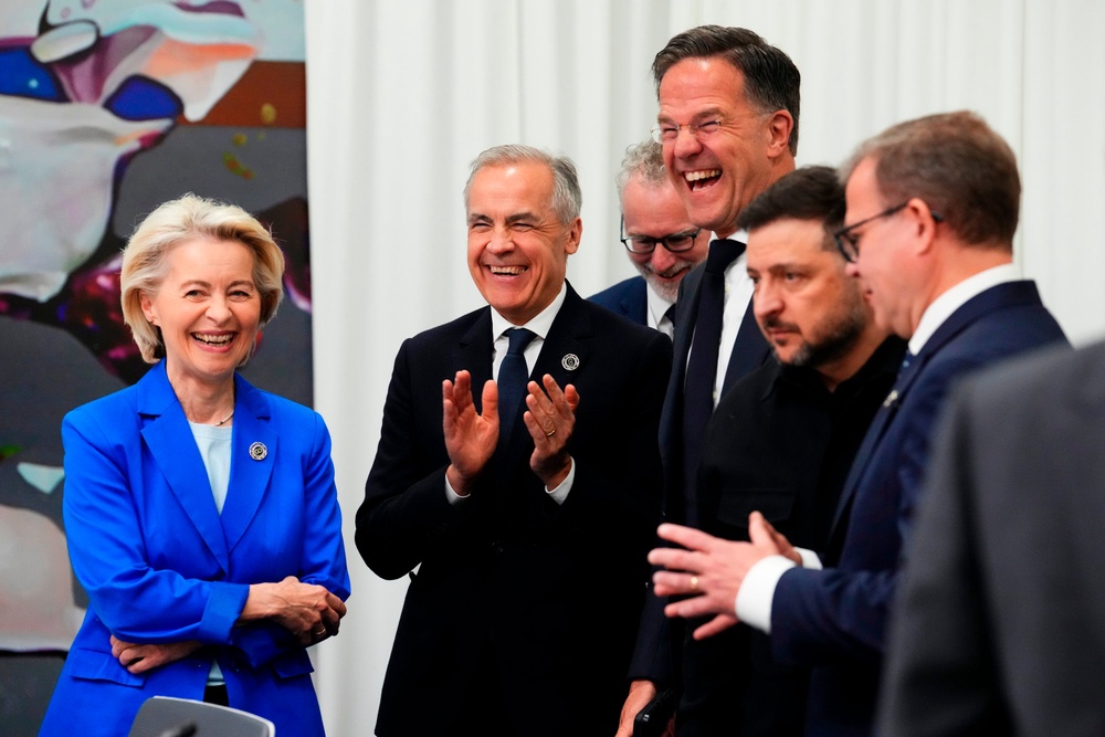 President of the European Commission Ursula von der Leyen, left to right, Carney, Secretary General of NATO Mark Rutte and Zelensky (AP)