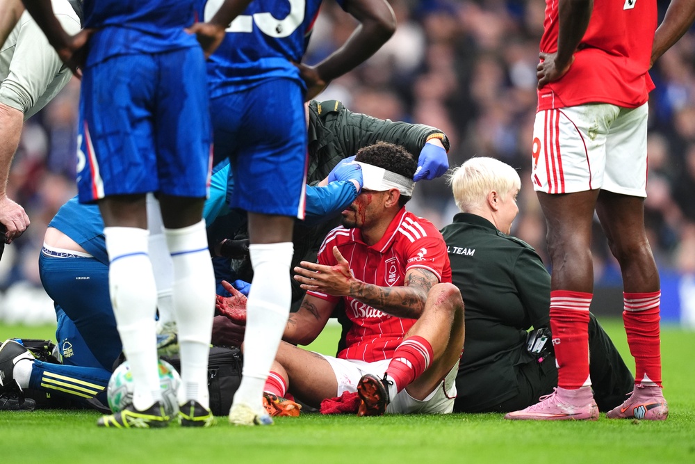 Nottingham Forest’s Morgan Gibbs-White received treatment for a head injury (John Walton/PA) (PA Wire)