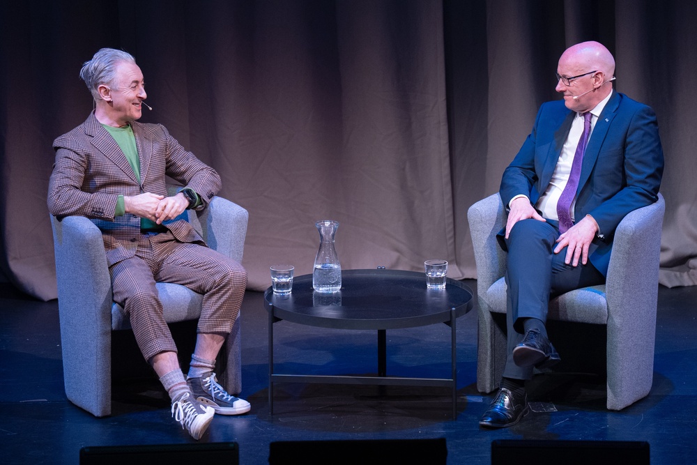 John Swinney chats to host Alan Cumming during an event in Edinburgh (Jane Barlow/PA) (PA Wire)
