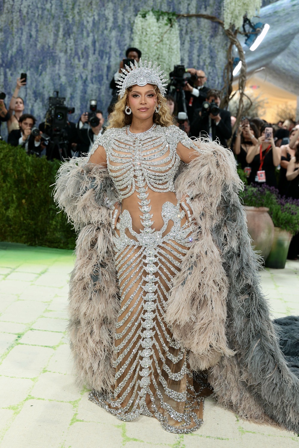 Tens across the board: Beyoncé made her first Met Gala appearance in a decade and blew us away in a custom diamante skeleton-style bustier dress by Olivier Rousteing (Getty Images for The Met Museum)