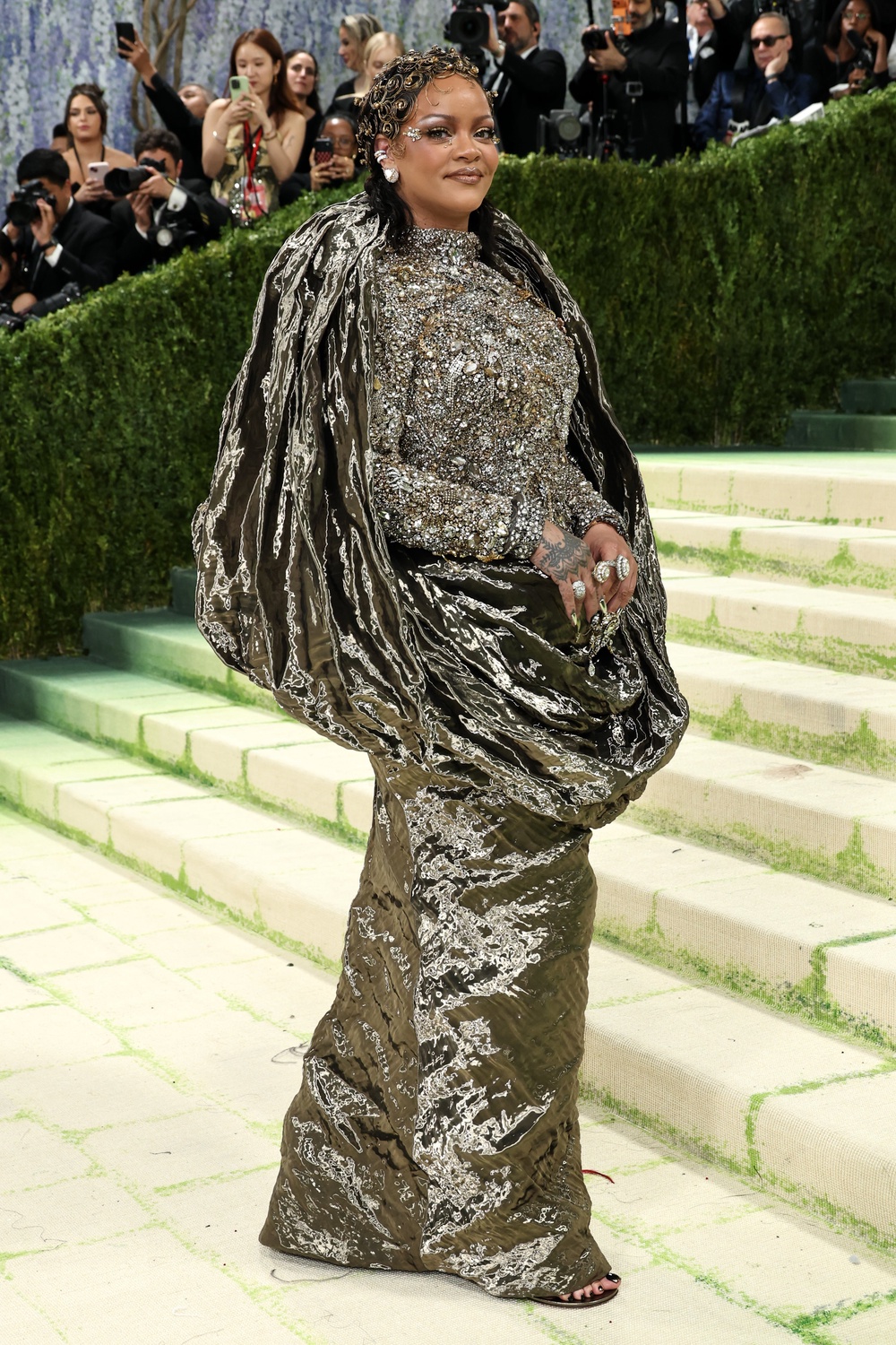 Nailing the theme: the singer donned a hand-sculpted draped column silhouette inspired by medieval architecture (Getty)