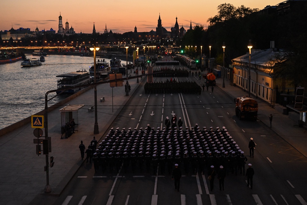 Russian servicemen march towards Red Square for the rehearsal of the Victory Day military parade in central Moscow (AFP/Getty)