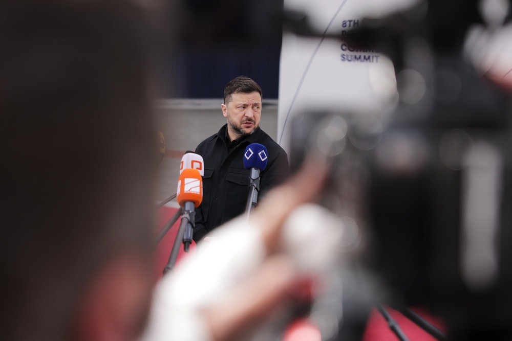 Ukraine's president Volodymyr Zelensky speaks with the media as he arrives for a meeting of the European Political Community in Yerevan (AP)