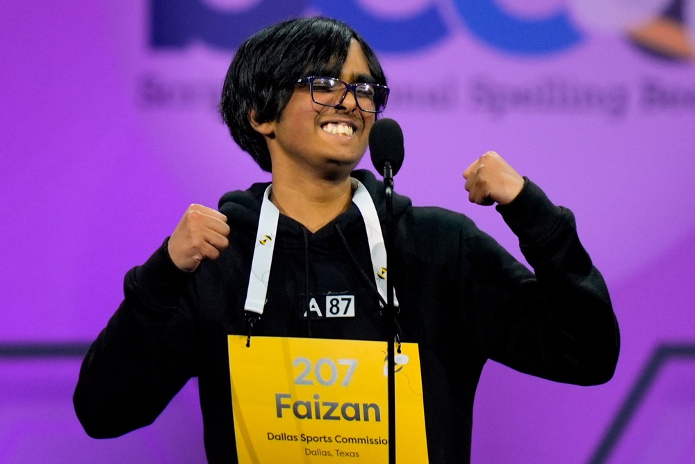 Faizan Zaki, 13, of Dallas, reacts as he wins the 2025 Scripps National Spelling Bee (AP Photo/Julia Demaree Nikhinson, File)
