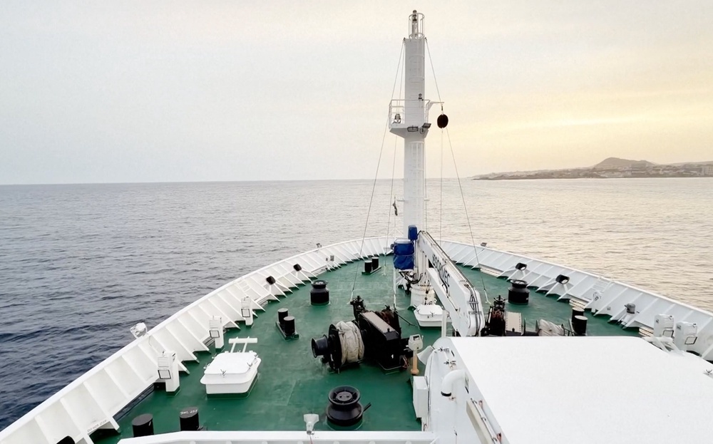 The Dutch-flagged MV Hondius, a cruise ship carrying nearly 150 people, remains off Cape Verde (Qasem Elhato via AP) (AP)