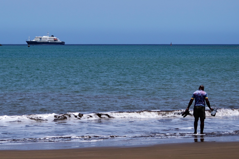 The MV Hondius cruise ship is anchored at a port in Praia, Cape Verde (Arilson Almeida/AP) (AP)