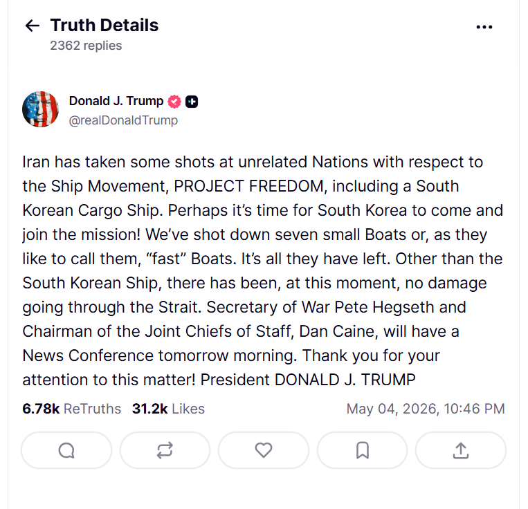 Trump blames explosion on South Korean bulk carrier on Iran (TruthSocial/@realDonaldTrump)