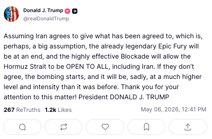 Trump's latest threat to Iran published on social media on Wednesday (Donald Trump / Truth Social)
