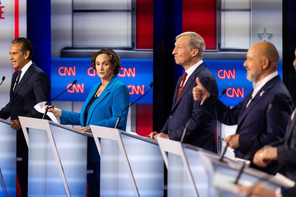 From left to right, Antonio Villaraigosa, Katie Porter, Tom Steyer and Steve Hilton participate in the heated debate (AP)