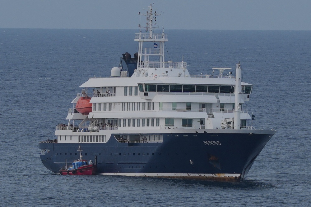 The MV Hondius cruise ship anchored at a port in Praia, Cape Verde (AP Photo/Misper Apawu) (AP)