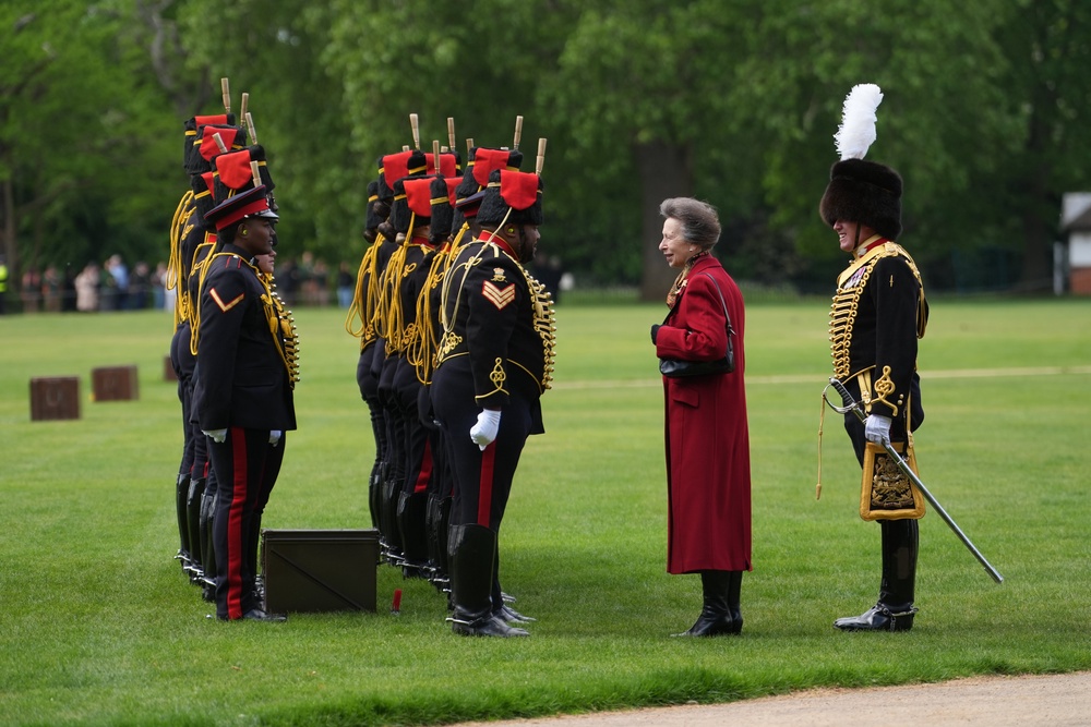 The Princess Royal inspects members of the King’s Troop Royal Horse Artillery after the firing of a 41-gun royal salute in Hyde Park (Lucy North/PA) (PA Wire)