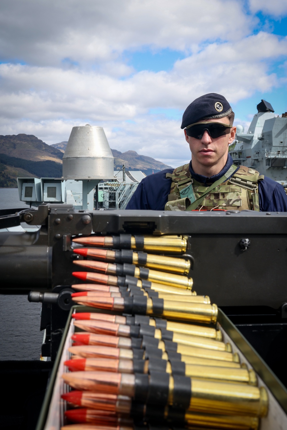 The ships Force Protection team closed up as Britain’s flagship HMS Prince of Wales sails from Glenmallen, Scotland today to begin Fleet Operational Standards and Training. (Chris Sellars/PA)