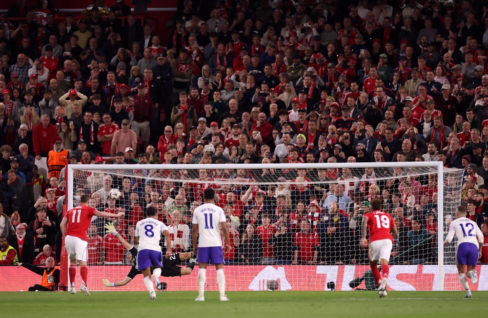 Chris Wood’s penalty gives Forest a 1-0 lead heading into the return leg (Getty)
