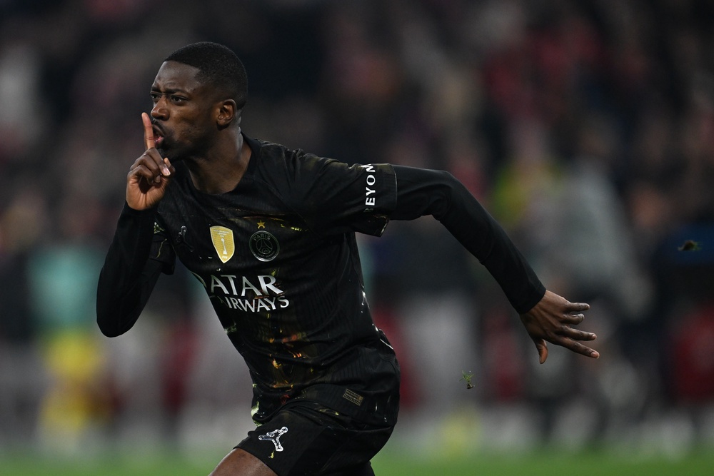 PSG’s Ousmane Dembele celebrates after scoring their first goal during the Champions League semifinal second leg soccer match between Bayern Munich and Paris Saint Germain in Munich, Germany, Wednesday, May 6, 2026. (Sven Hoppe/dpa via AP) (AP)