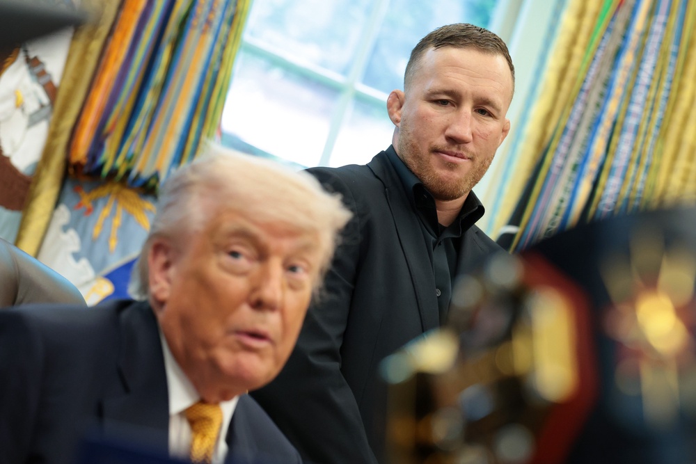 Trump had the fighters for the June 14 event in the Oval Office on Wednesday. Alex Pereira will fight Ciryl Gane, while Gaethje (pictured with Trump) will take on Ilia Topuria. (Getty)