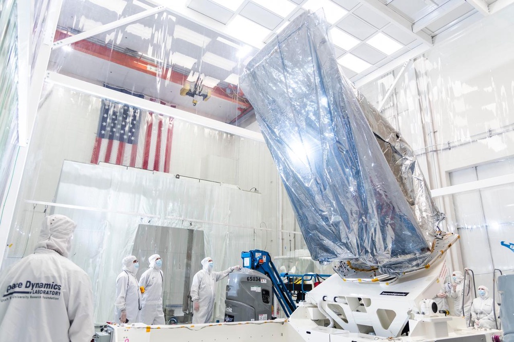 The NEO Surveyor enclosure is seen in a clean room at the Space Dynamics Laboratory in Logan, Utah, last May. The mission will launch no sooner than September 2027 (Space Dynamics Laboratory/Allison Bills)