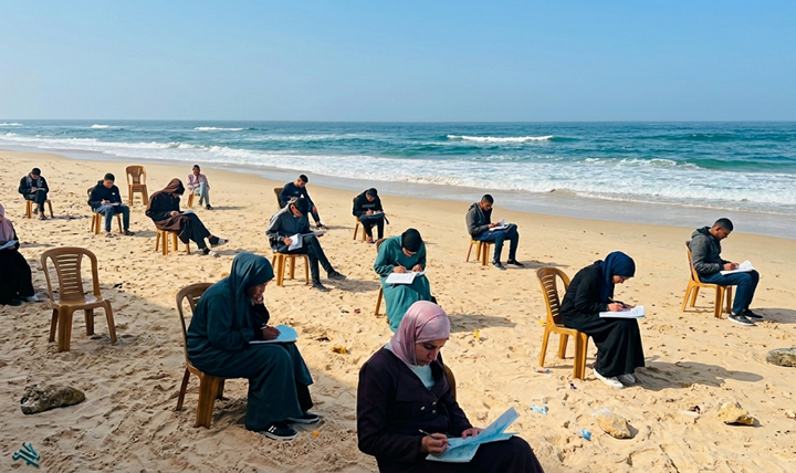 The decision to hold exams at the seaside came after the widespread destruction of universities in Gaza (Independent Arabia)