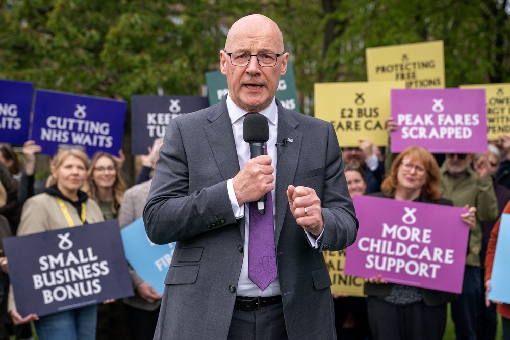 John Swinney delivers an eve-of-poll speech at a rally with SNP candidates and activists (Jane Barlow/PA) (PA Wire)
