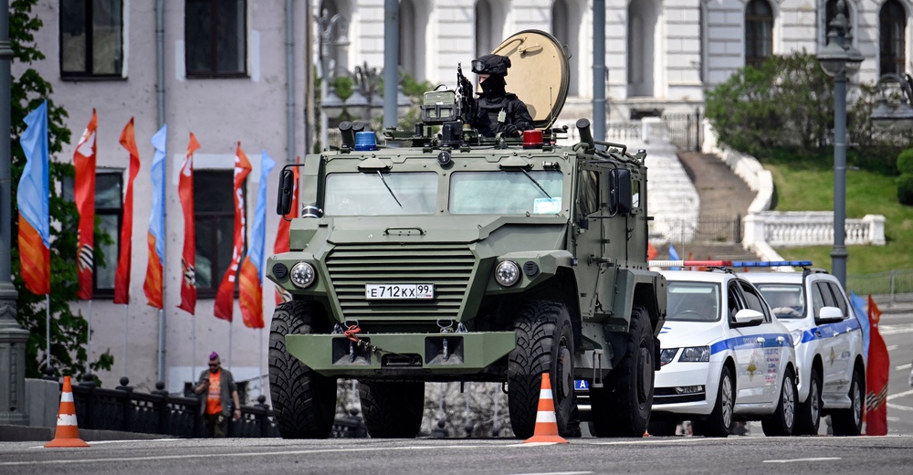 A Russian Federal Guard Service (FSO) armoured vehicle patrols central Moscow few days ahead of the Victory Day military parade to be held at Red Square (AFP/Getty)