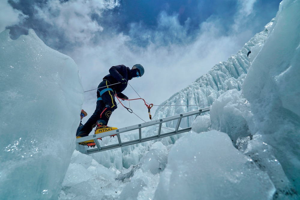 A mountaineer takes part in a training session at Khumbu Icefall before beginning his ascent to the summit of Mount Everest in Nepal, April 27, 2025. (AP Photo/Pasang Rinzee Sherpa, File) (Copyright 2025 The Associated Press. All rights reserved.)