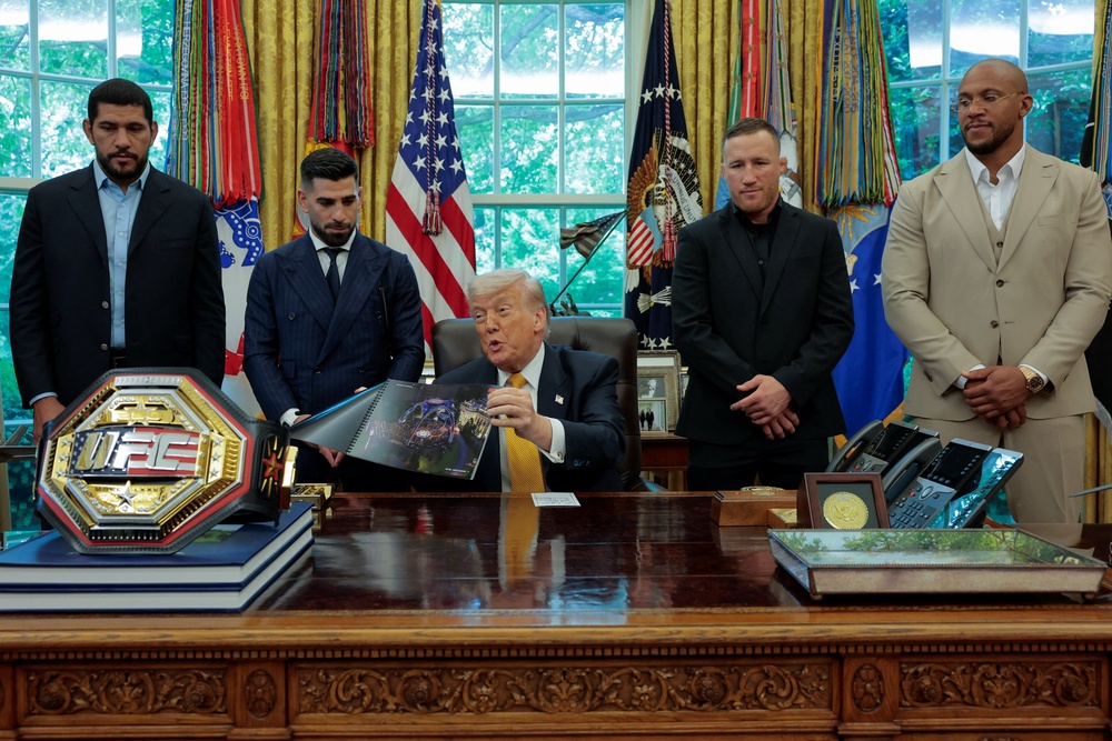 Left to right: Alex Pereira, Ilia Topuria, Trump, Justin Gaethje and Ciryl Gane (Reuters)
