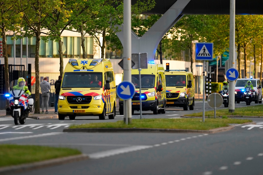 Ambulances leave with one of three patients evacuated from the MV Hondius cruise ship (Peter Dejong/AP) (AP)
