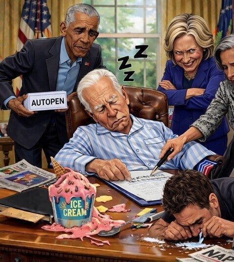 Trump’s latest post features an AI image of Joe Biden asleep at his Oval Office desk while former Barack Obama holds an autopen, an aide forges Biden’s signature, and Hillary Clinton looks on while Hunter Biden does drugs (realDonaldTrump/Truth Social)