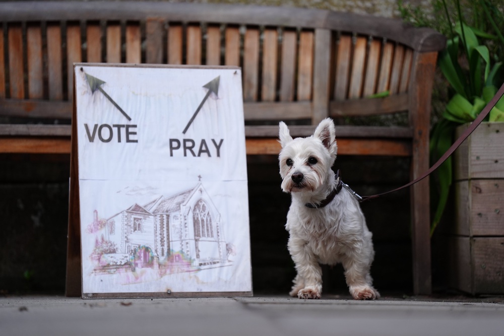 Rory the dog waits next to a sign erected outside the polling station at St James Church hall in Inverleith (Jane Barlow/PA) (PA Wire)