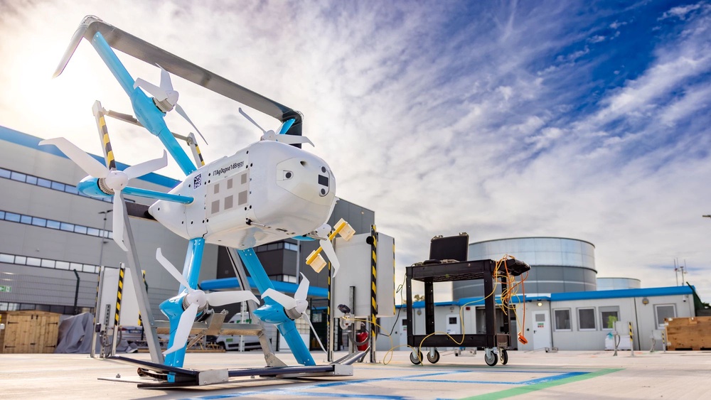 Amazon’s MK30 drone at the depot. The company has received Civil Aviation Authority approval to conduct the operations (Amazon)