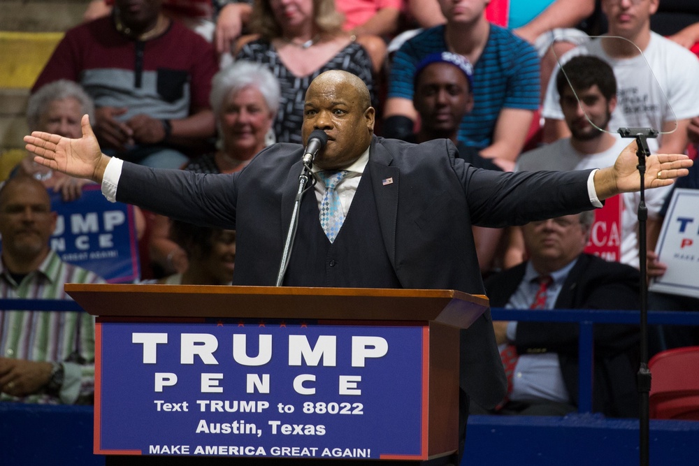 Pastor Mark Burns has been a longtime supporter of the president and served as his informal spiritual adviser. Here, he is pictured speaking at a Trump rally in 2016 (AFP via Getty Images)