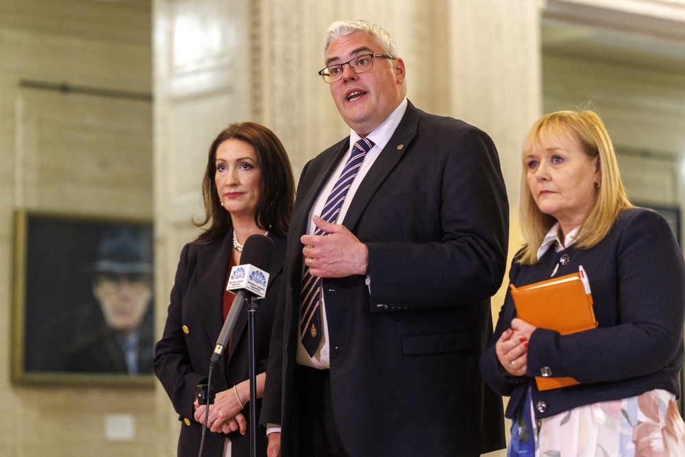 Deputy First Minister Emma Little-Pengelly, DUP leader Gavin Robinson MP and DUP deputy leader Michelle McIlveen at Parliament Buildings (Liam McBurney/PA) (PA Wire)