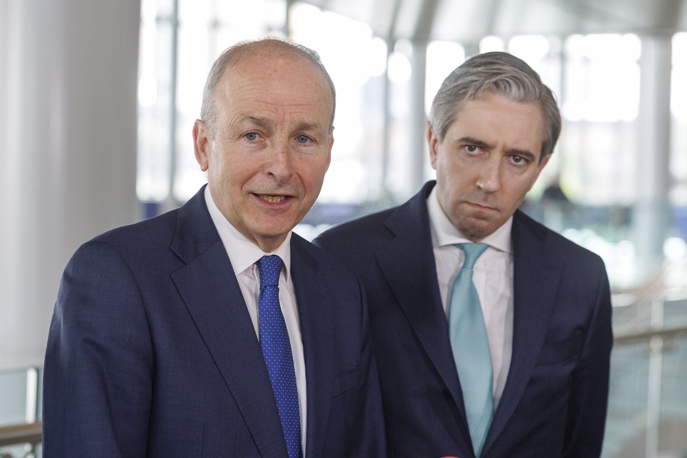 Taoiseach Micheal Martin and Irish Minister for Finance and Tanaiste Simon Harris during a press conference at Grand Central Station in Belfast (Liam McBurney/PA) (PA Wire)