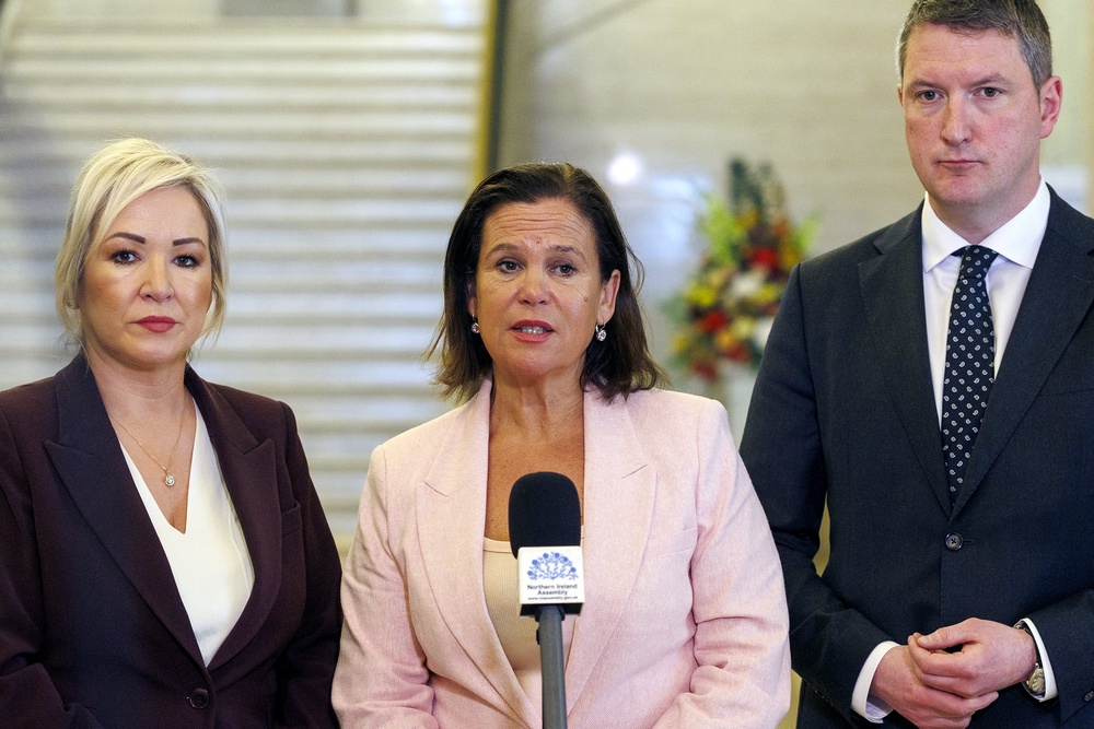First Minister Michelle O’Neill, Sinn Fein president Mary Lou McDonald and Sinn Fein MP John Finucane at Parliament Buildings, Stormont, after meeting Taoiseach Micheal Martin (Liam McBurney/PA) (PA Wire)