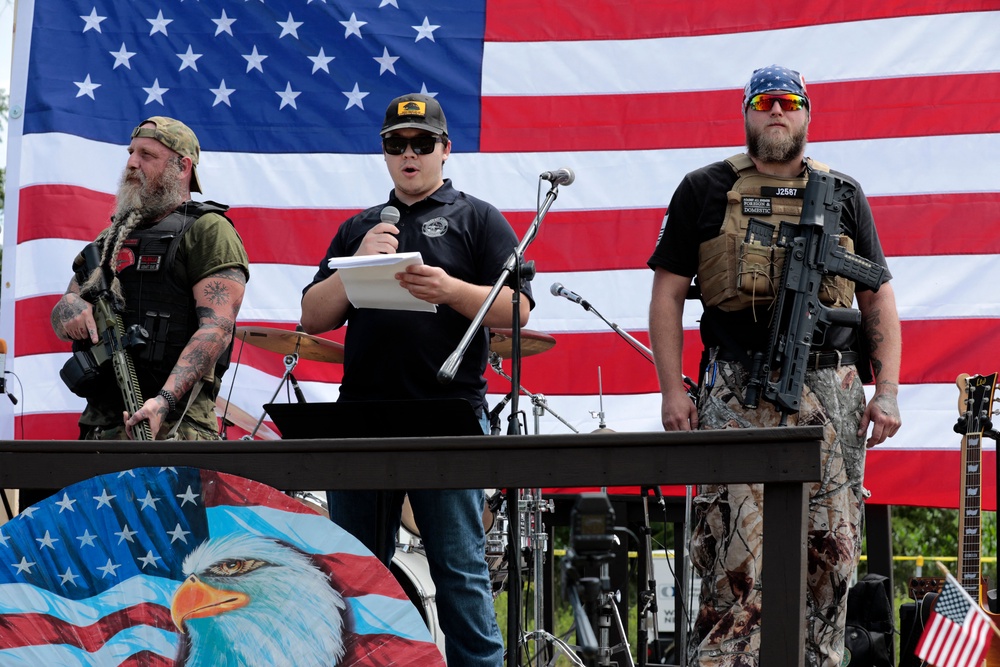 Rittenhouse, pictured center at a Second Amendment rally in 2023, was acquitted of all charges in the 2020 shootings of two protestors (AFP/Getty)