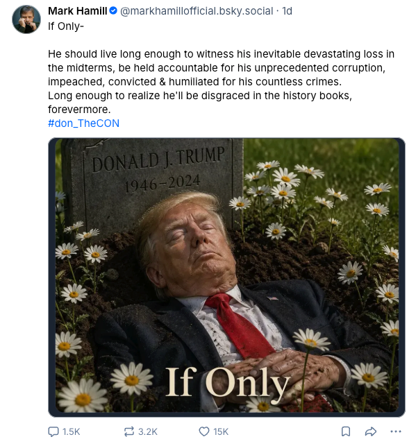 The White House condemned the post, which comes on the heels of an alleged assassination attempt against the president at the White House Correspondents’ dinner in April (Mark Hamill/Bluesky)