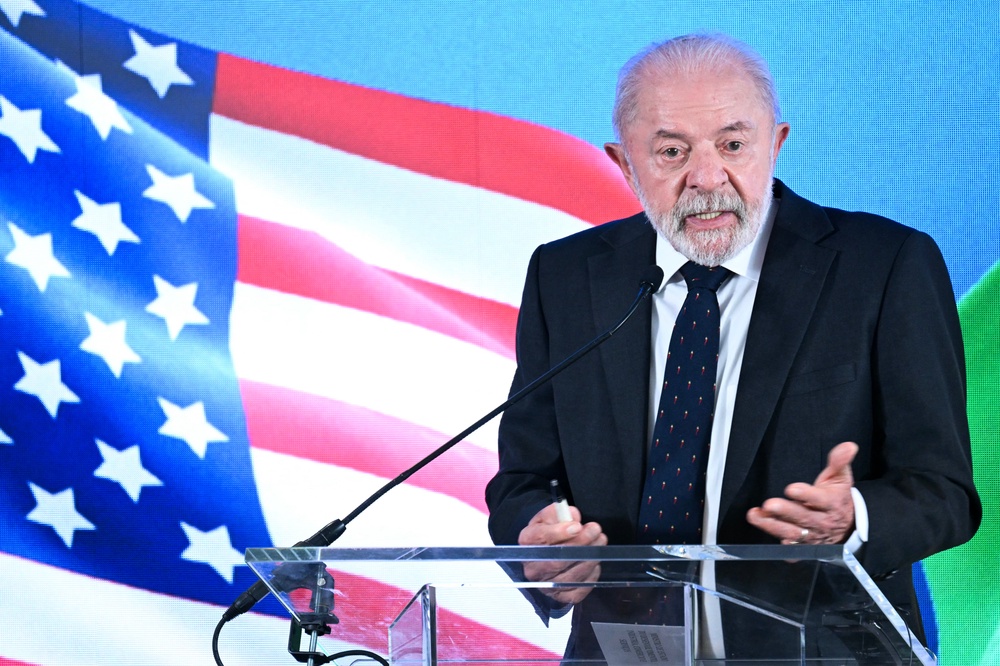 Brazilian President Luiz Inacio Lula da Silva speaks to reporters following his White House meeting with U.S. President Donald Trump, at the Brazilian Embassy in Washington (AFP/Getty)
