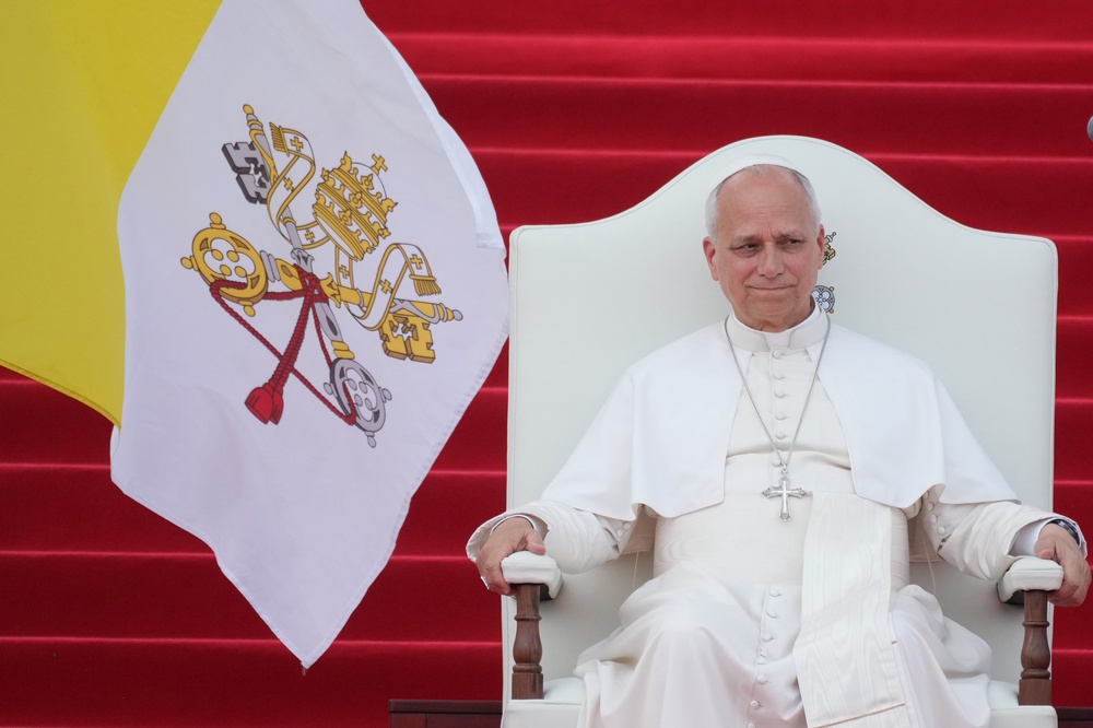 Pope Leo XIV meets with representatives of the world of culture at the Leon XIV Campus of the National University in Malabo, Equatorial Guinea, Tuesday, April 21, 2026, on the ninth day of his 11-day pastoral visit to Africa. (AP Photo/Andrew Medichini, File) (Copyright 2026 The Associated Press. All rights reserved)