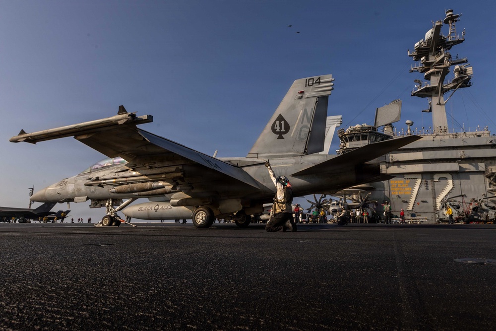 An F/A-18F Super Hornet on USS Abraham Lincoln in March (Getty)
