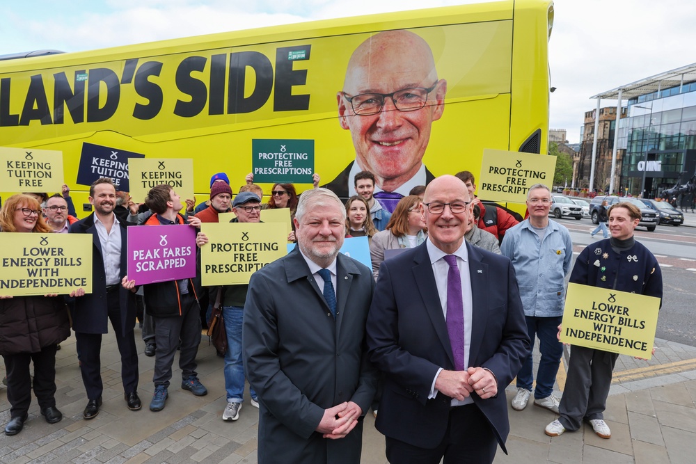 John Swinney visited to Edinburgh Central to campaign with Angus Robertson. (Robert Perry/PA)