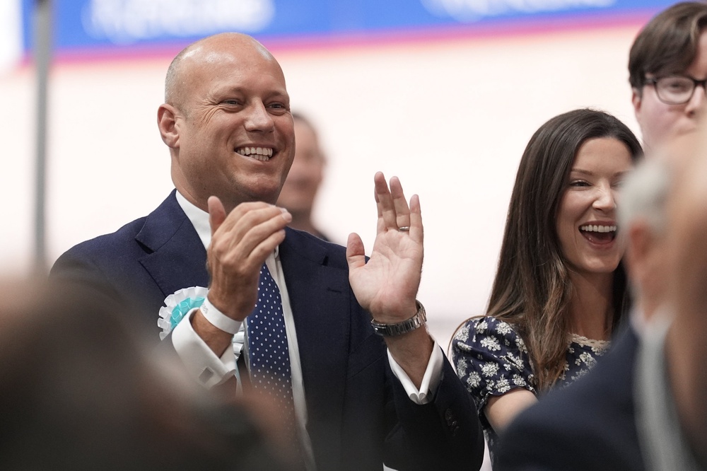 Dan Thomas, Welsh leader of Reform UK, after winning a seat in the Casnewydd Islwyn constituency at the 2026 Senedd elections at Geraint Thomas National Velodrome of Wales, in Newport. (Andrew Matthews/PA) (PA Wire)