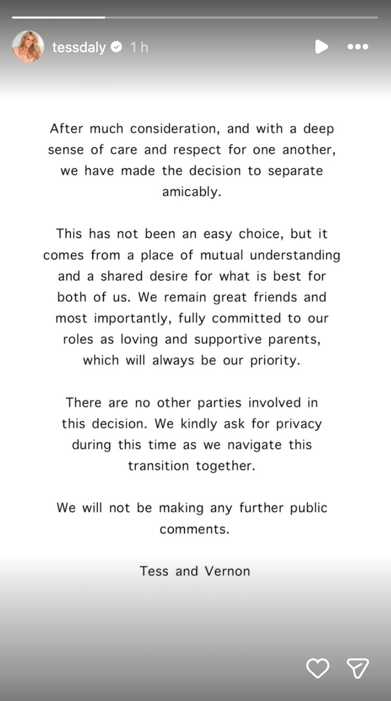 Tess Daly shared the former couple's joint statement on Instagram (Instagram: @tessdaly)