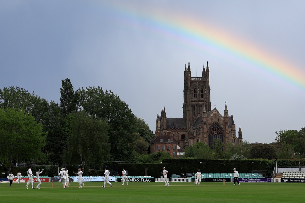 Stokes celebrated his second wicket as a rainbow emerged at New Road (Nigel French/PA) (PA Wire)